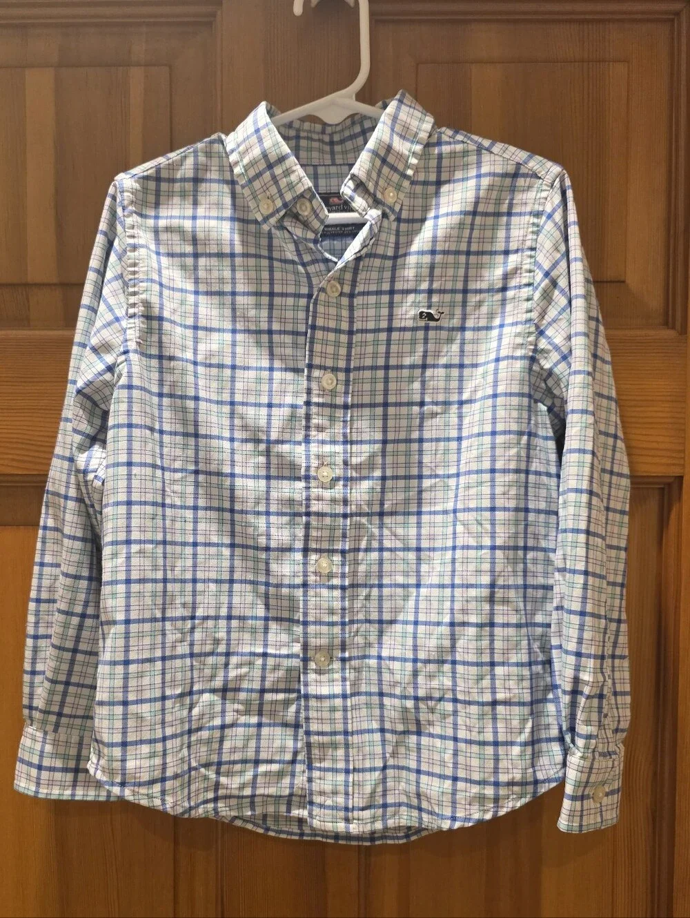 Vineyard Vines Plaid Button-Down Whale Shirt White Blue Green Pink Kid Size 5